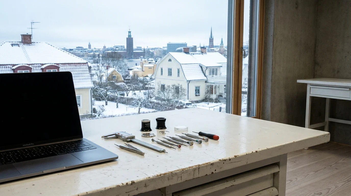 Stocksunds villastad i Danderyd med MacBook och precisionsverktyg på vit verkstadsbänk i förgrunden