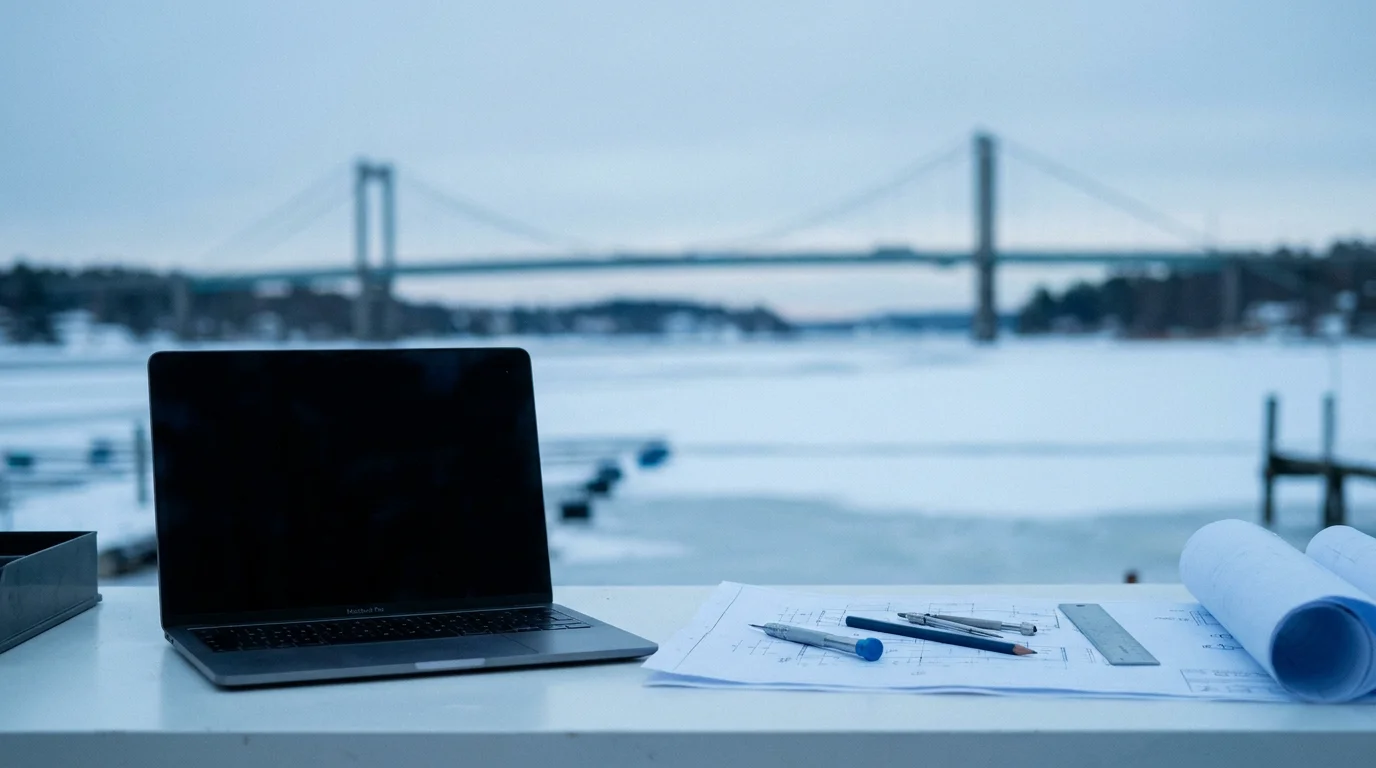 Lidingöbron och Stockholm-skärgården med MacBook och precisionsverktyg på vit verkstadsbänk i förgrunden