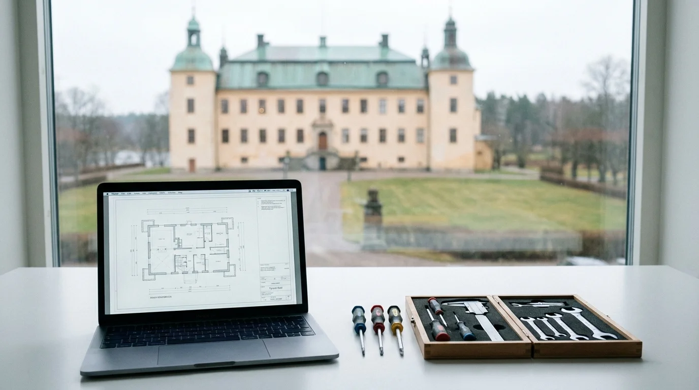 Tyresö slott klassisk svensk arkitektur med MacBook och precisionsverktyg på vit verkstadsbänk i förgrunden