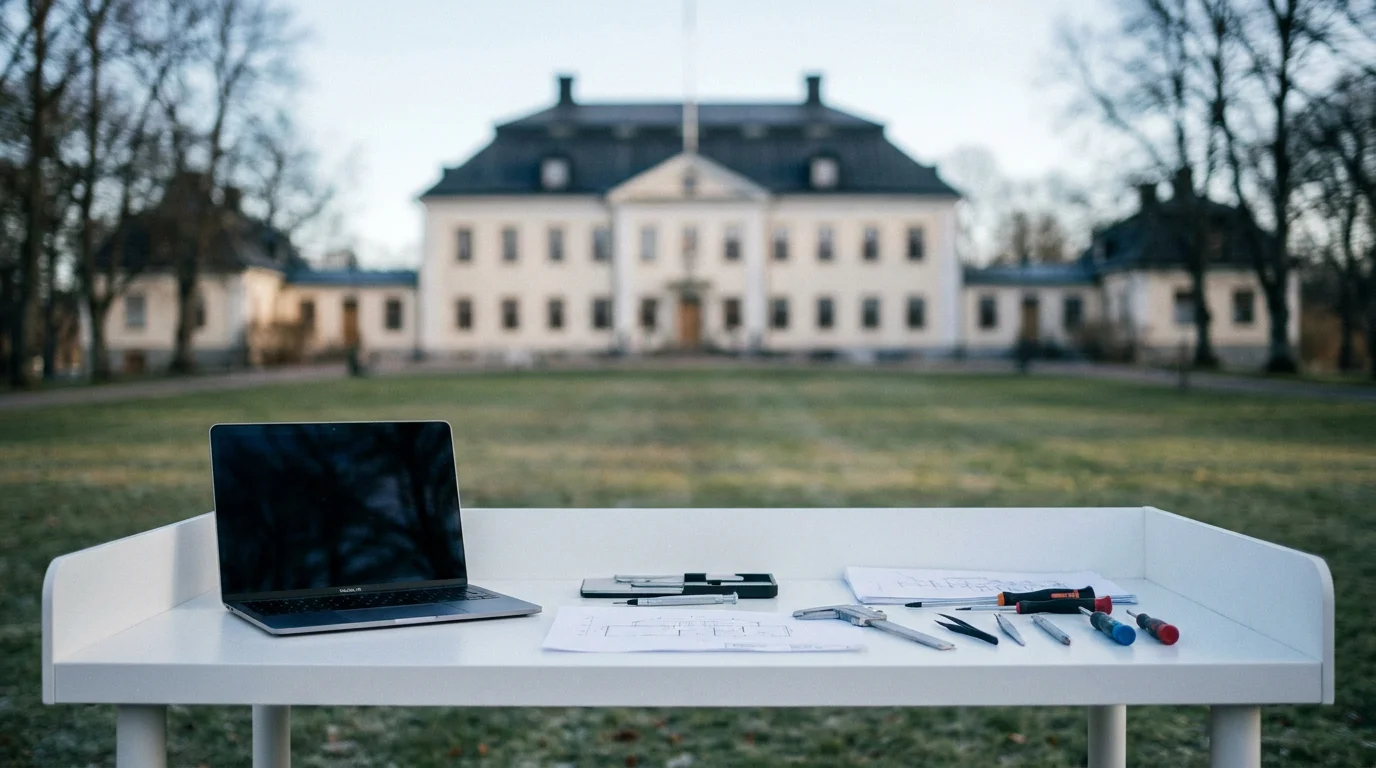 Stora Wäsby slott i Upplands Väsby med MacBook och precisionsverktyg på vit verkstadsbänk i förgrunden